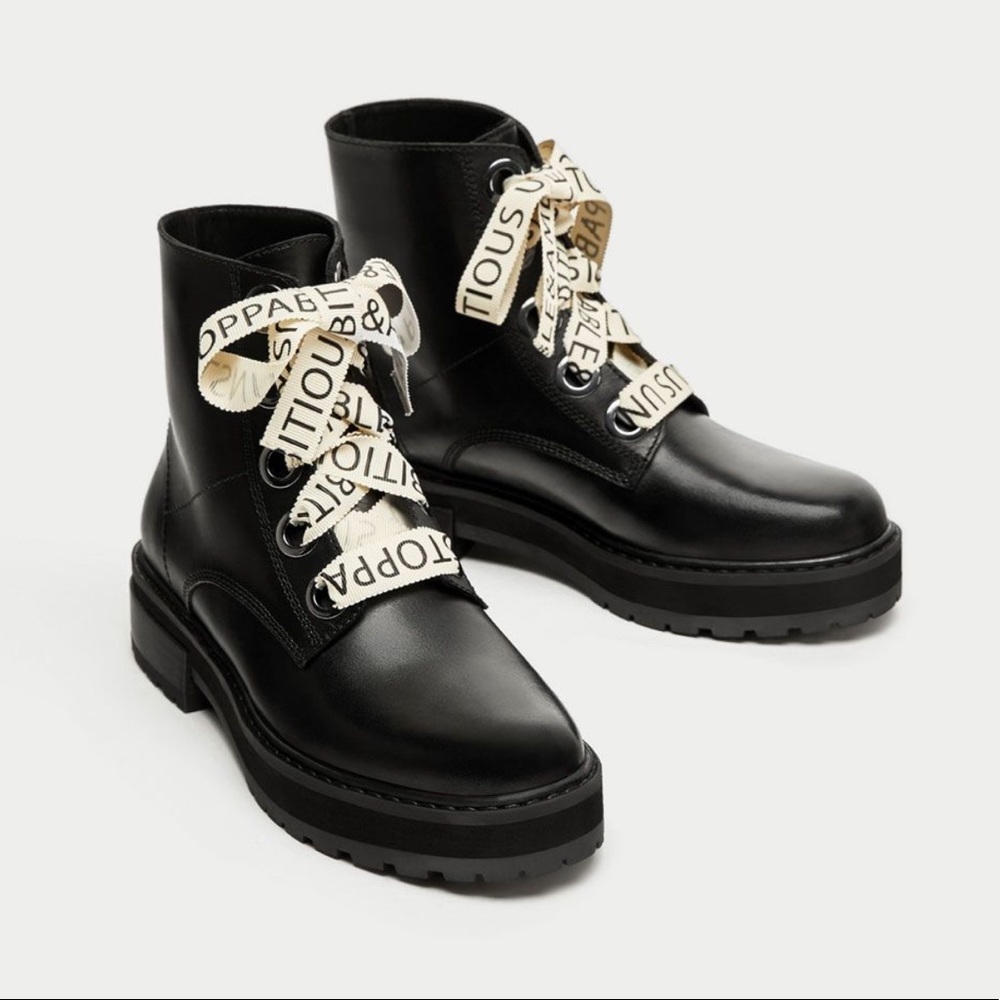 Black Zara Boots with slogan on laces
